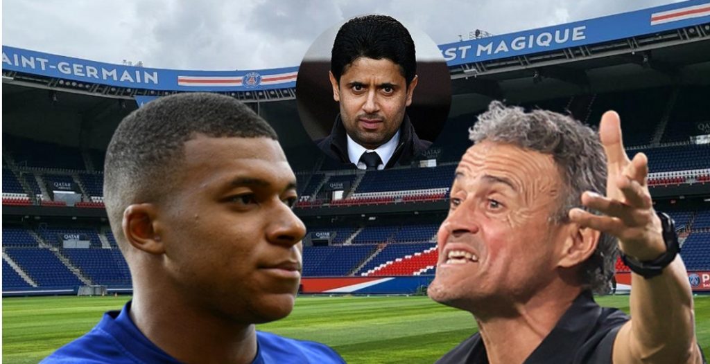 Kylian Mbappé, Nasser Al Khelaifi y Luis Enrique