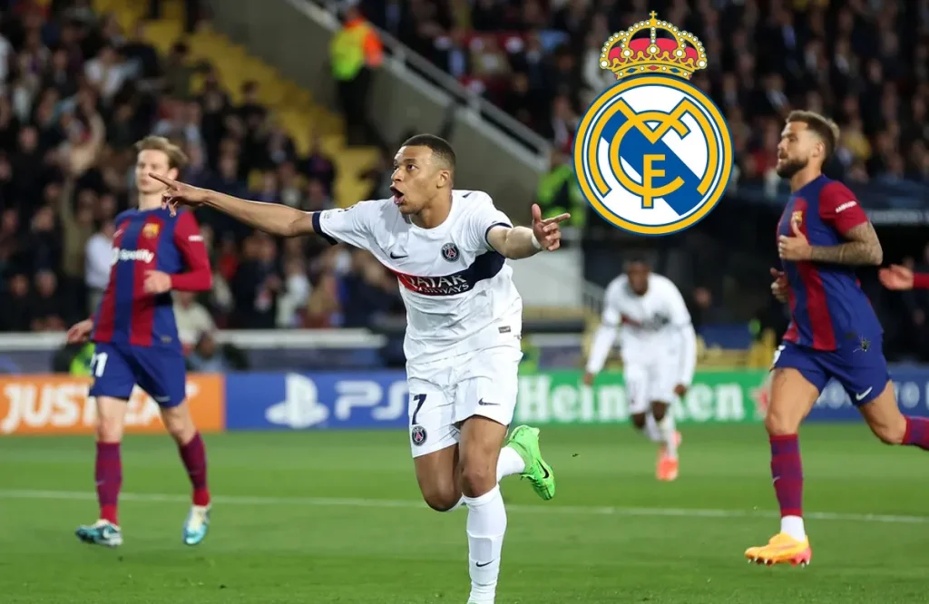 Mbappé celebrando su primer gol en Montjuic