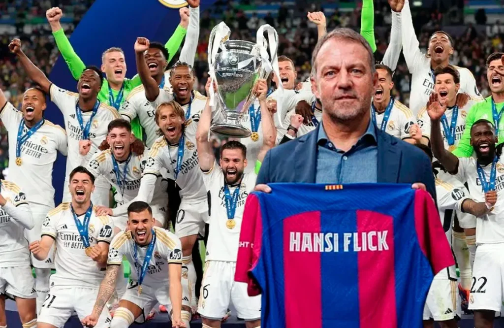 Hansi Flick, jugadores del Real Madrid y Pablo Gavi