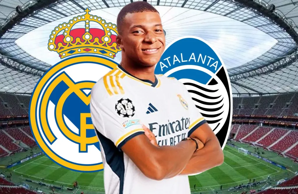 Mbappé y escudos del Real Madrid y Atalanta