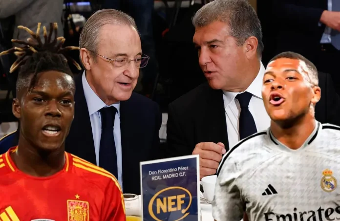 Nico Williams, Kylian Mbappé, Florentino Pérez y Joan Laporta.