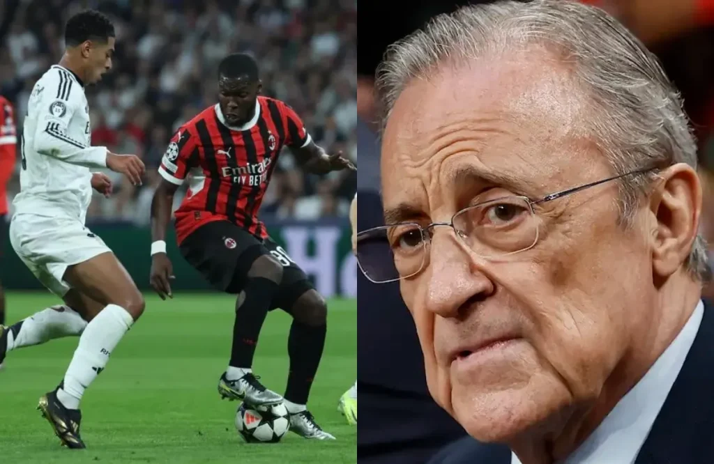 Florentino Pérez y una foto del Real Madrid - Milan.