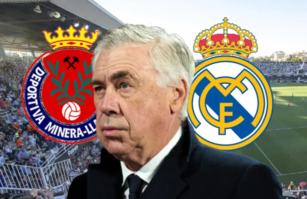 Carlo Ancelotti, escudo de la Deportiva Minera y del Real Madrid.